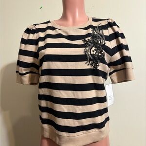 Calligraphie women's Medium beige black striped puff short sleeve top beaded NWT